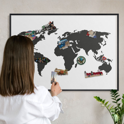 Lavagna magnetica in metallo decorata di colore nero Mappa del mondo