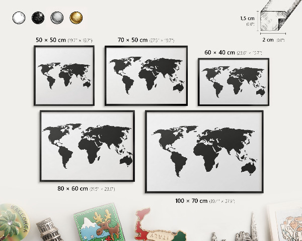 Lavagna magnetica in metallo decorata di colore nero Mappa del mondo