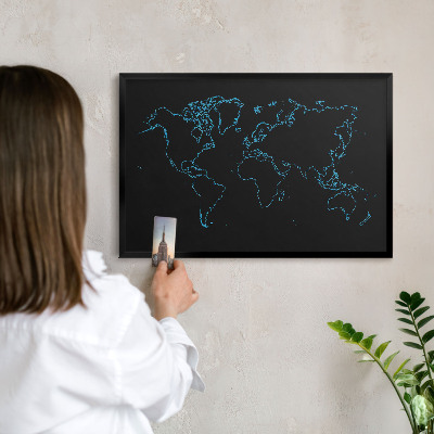 Lavagna magnetica per collezioni di calamite con cornice nera Mappa del mondo