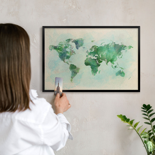Lavagna magnetica per collezioni di calamite con cornice nera Mappa del mondo