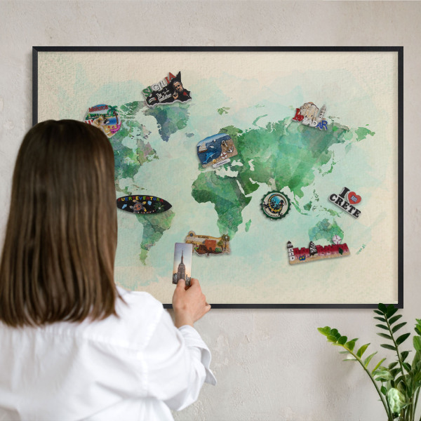 Lavagna magnetica per collezioni di calamite con cornice nera Mappa del mondo