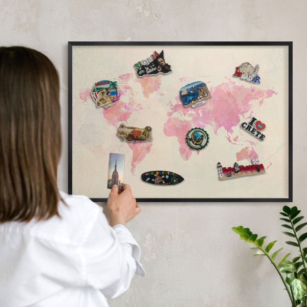 Lavagna magnetica in metallo decorata di colore nero Mappa del mondo