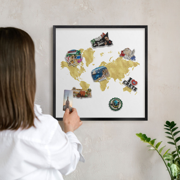 Lavagna magnetica per collezioni di calamite con cornice nera Mappa del mondo