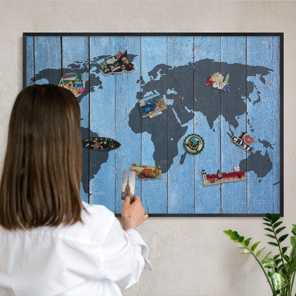 Lavagna magnetica in metallo decorata di colore nero Mappa del mondo