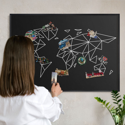 Lavagna magnetica in metallo decorata di colore nero Mappa del mondo