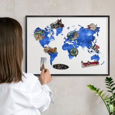 Lavagna magnetica per collezioni di calamite con cornice nera Mappa del mondo