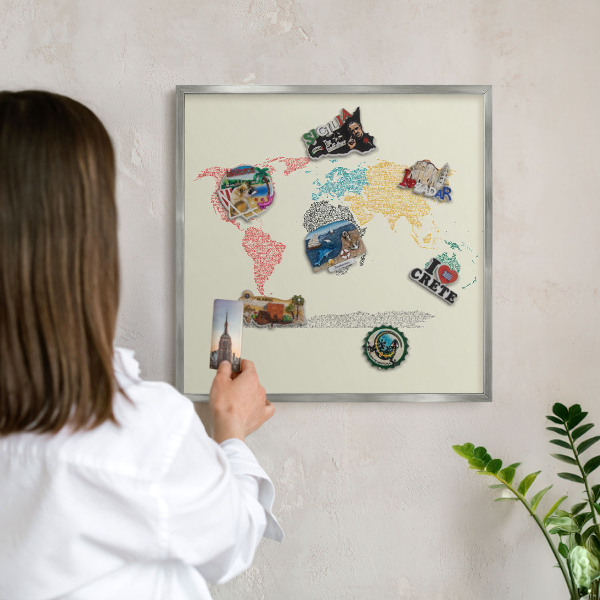 Lavagna per calamite con cornice d'argento Mappa del mondo