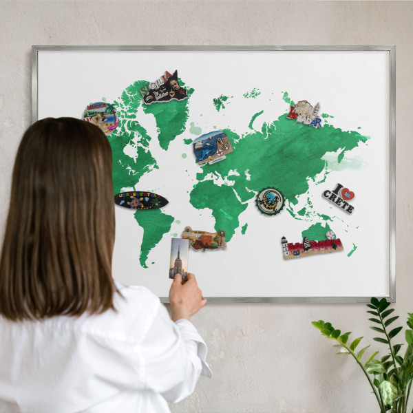 Lavagna magnetica decorativa da parete in colore argento Mappa verde