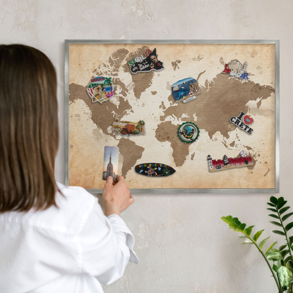 Lavagna magnetica decorativa da parete in colore argento Mappa del mondo