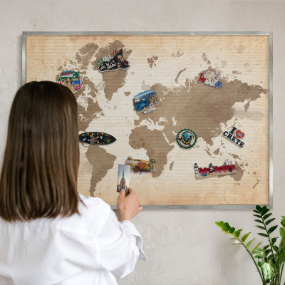 Lavagna magnetica decorativa da parete in colore argento Mappa del mondo