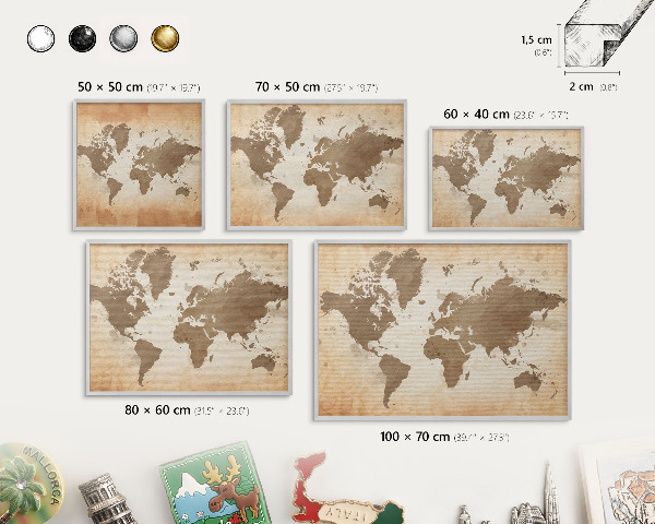 Lavagna magnetica decorativa da parete in colore argento Mappa del mondo