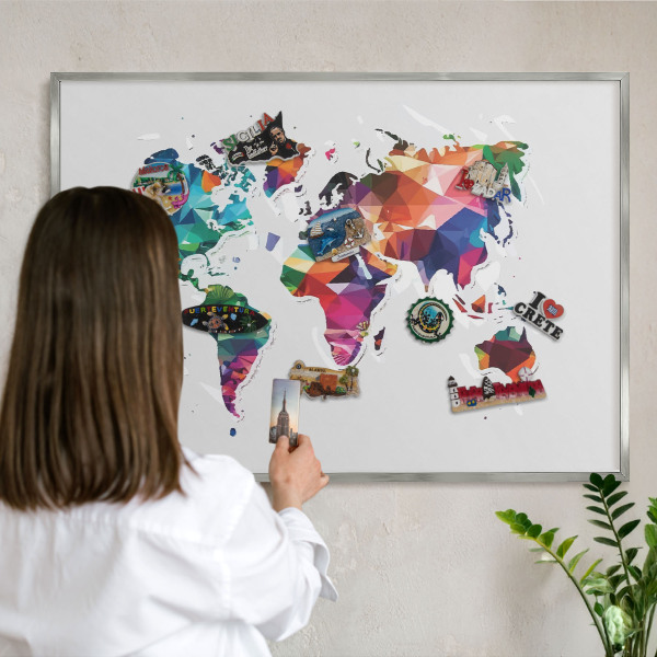 Lavagna per calamite con cornice d'argento Mappa del mondo
