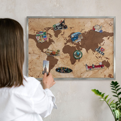 Lavagna magnetica decorativa da parete in colore argento Mappa del mondo