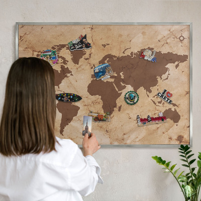 Lavagna magnetica decorativa da parete in colore argento Mappa del mondo