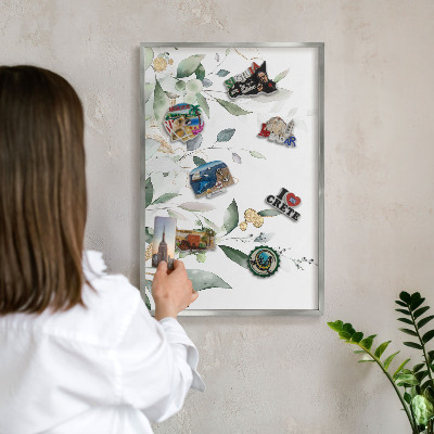 Lavagna magnetica decorativa da parete in colore argento Foglie verdi
