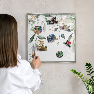 Lavagna magnetica decorativa da parete in colore argento Foglie verdi