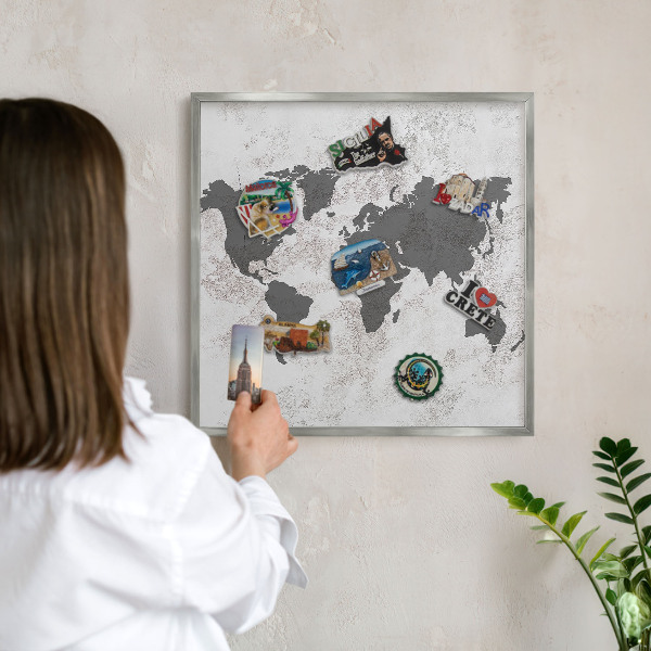 Lavagna magnetica decorativa da parete in colore argento Mappa del mondo