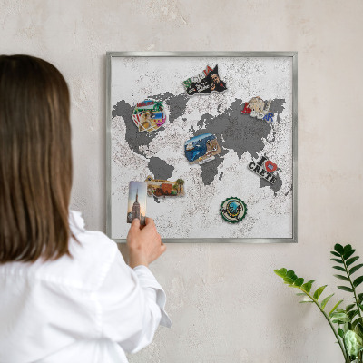 Lavagna magnetica decorativa da parete in colore argento Mappa del mondo