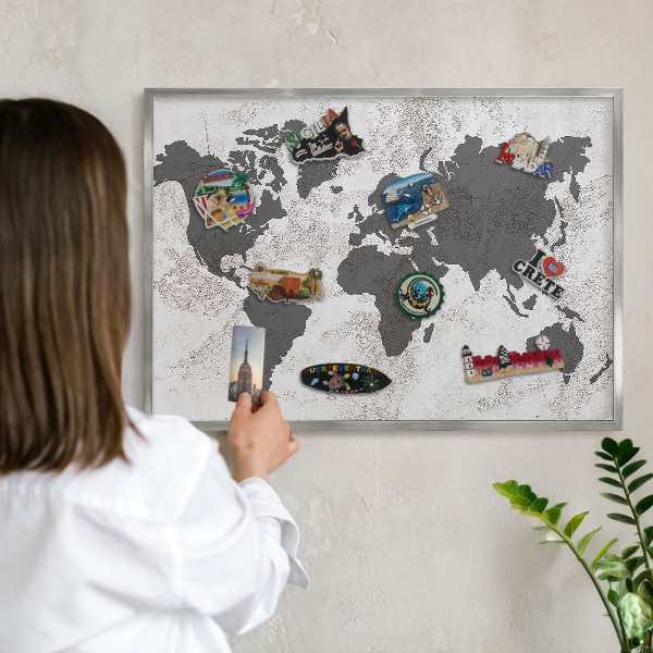 Lavagna magnetica decorativa da parete in colore argento Mappa del mondo