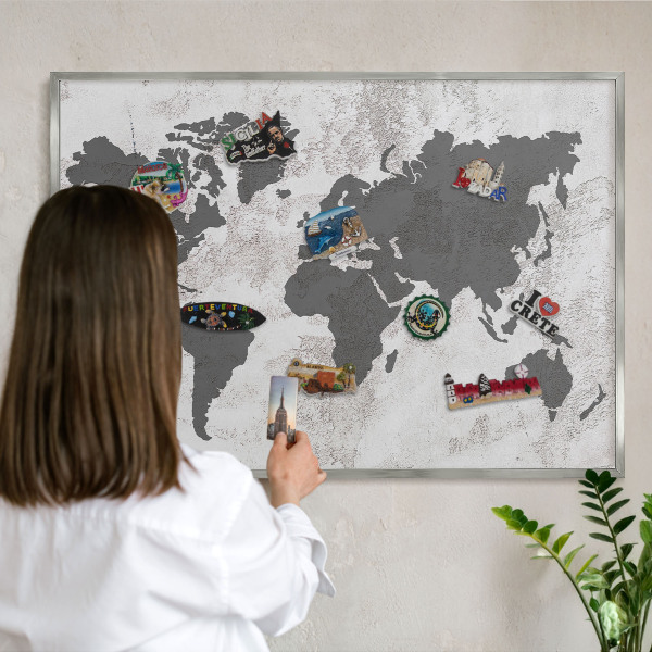 Lavagna magnetica decorativa da parete in colore argento Mappa del mondo