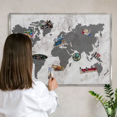 Lavagna magnetica decorativa da parete in colore argento Mappa del mondo