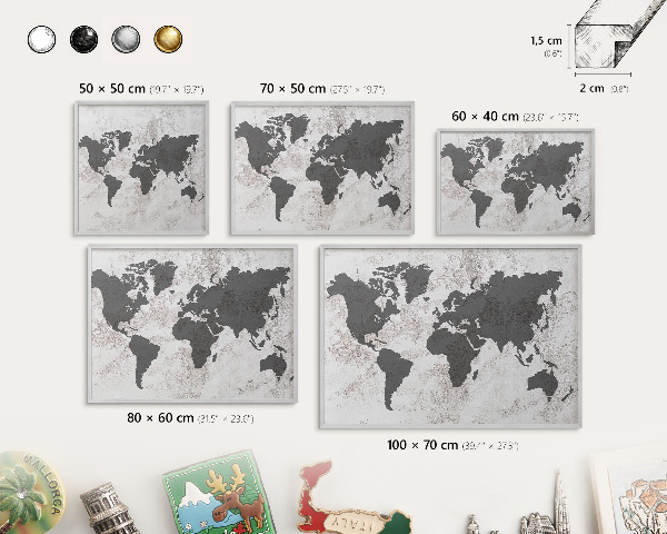 Lavagna magnetica decorativa da parete in colore argento Mappa del mondo
