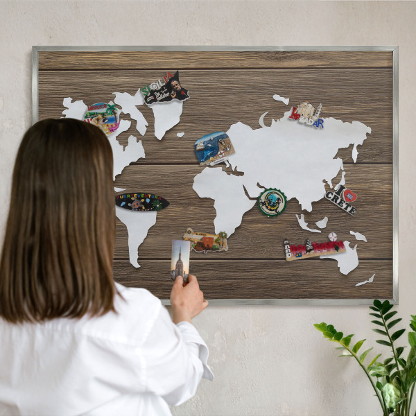 Lavagna magnetica decorativa da parete in colore argento Mappa in legno