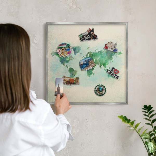 Lavagna per calamite con cornice d'argento Mappa del mondo