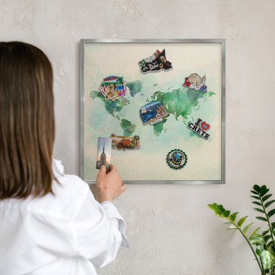 Lavagna per calamite con cornice d'argento Mappa del mondo