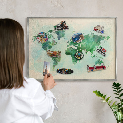 Lavagna per calamite con cornice d'argento Mappa del mondo