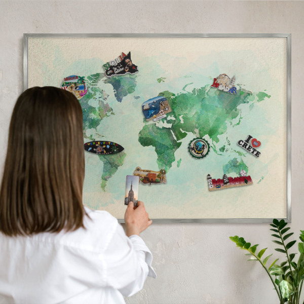 Lavagna per calamite con cornice d'argento Mappa del mondo