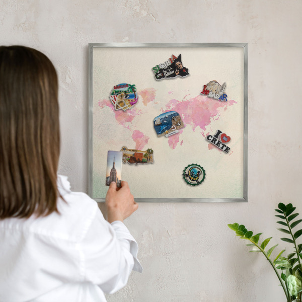 Lavagna magnetica decorativa da parete in colore argento Mappa del mondo