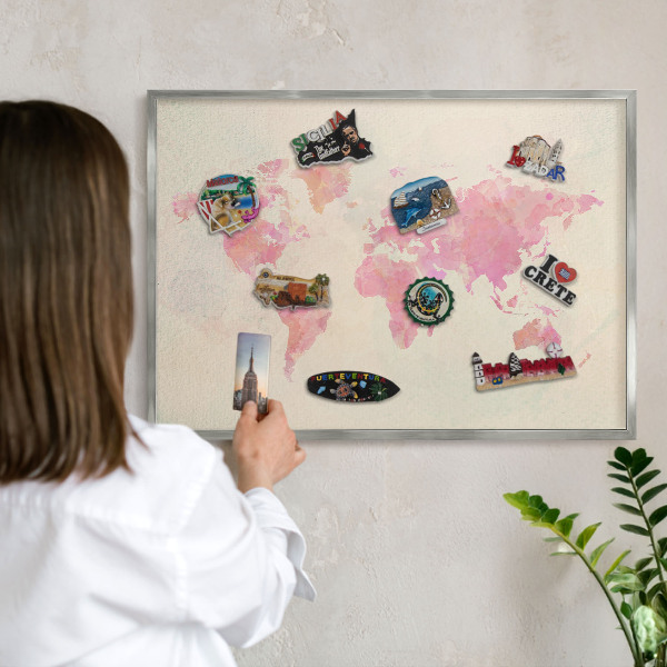 Lavagna magnetica decorativa da parete in colore argento Mappa del mondo