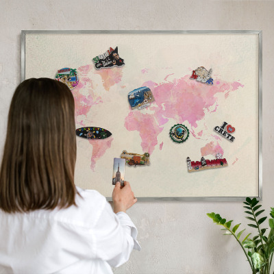 Lavagna magnetica decorativa da parete in colore argento Mappa del mondo