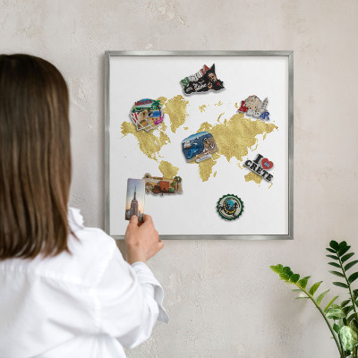 Lavagna per calamite con cornice d'argento Mappa del mondo