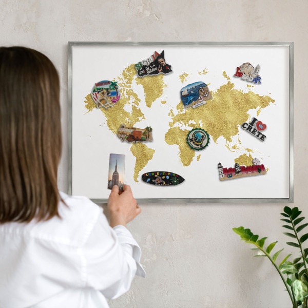 Lavagna per calamite con cornice d'argento Mappa del mondo