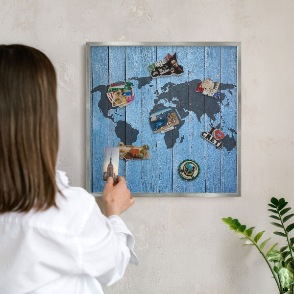 Lavagna magnetica decorativa da parete in colore argento Mappa del mondo
