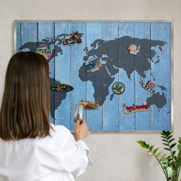 Lavagna magnetica decorativa da parete in colore argento Mappa del mondo
