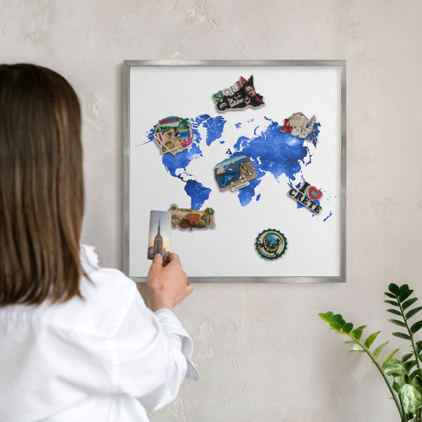 Lavagna per calamite con cornice d'argento Mappa del mondo