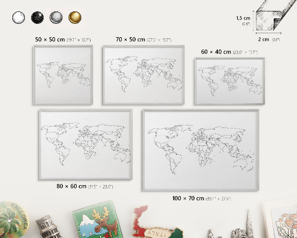 Lavagna magnetica decorativa da parete in colore argento Mappa di contorno