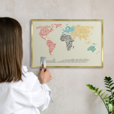 Lavagna per calamite delle vacanze con cornice dorata Mappa del mondo