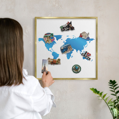 Lavagna per calamite delle vacanze con cornice dorata Mappa del mondo