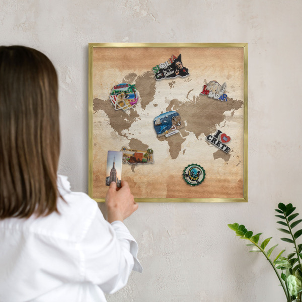 Lavagna magnetica per calamite souvenir in colore oro Mappa del mondo