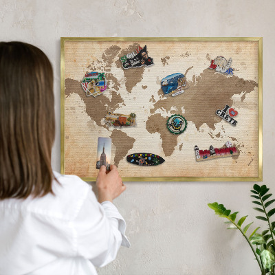 Lavagna magnetica per calamite souvenir in colore oro Mappa del mondo