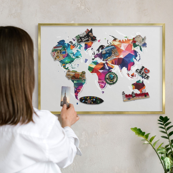 Lavagna per calamite delle vacanze con cornice dorata Mappa del mondo