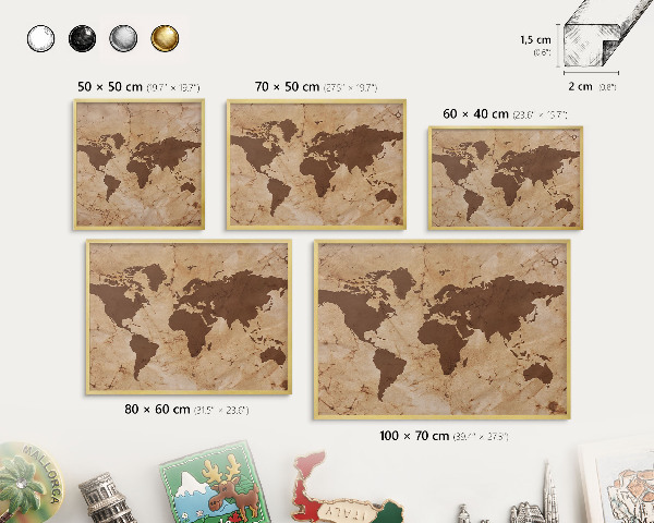 Lavagna magnetica per calamite souvenir in colore oro Mappa del mondo