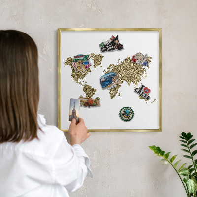 Lavagna per calamite delle vacanze con cornice dorata Mappa del mondo