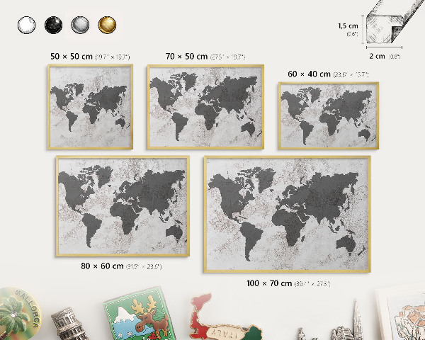 Lavagna magnetica per calamite souvenir in colore oro Mappa del mondo