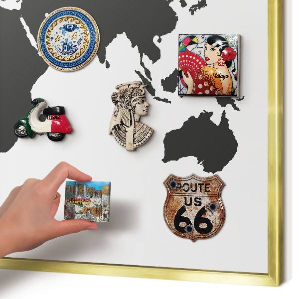 Lavagna magnetica per calamite souvenir in colore oro Mappa del mondo