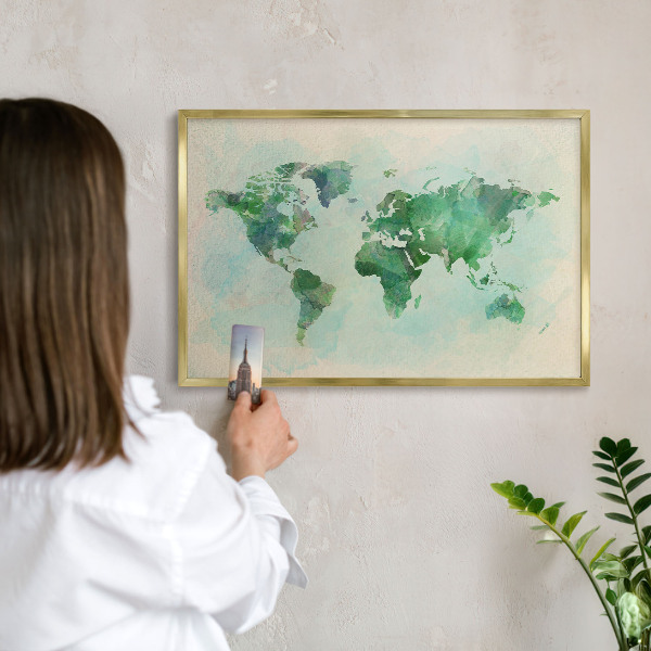 Lavagna per calamite delle vacanze con cornice dorata Mappa del mondo
